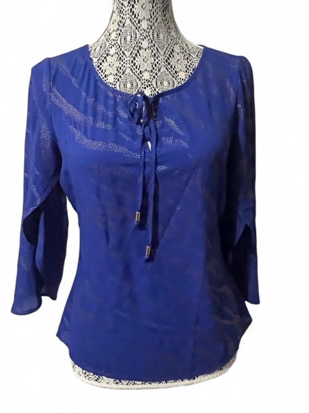 Cache Cobalt Blue Tie-Front Long Sleeve Blouse